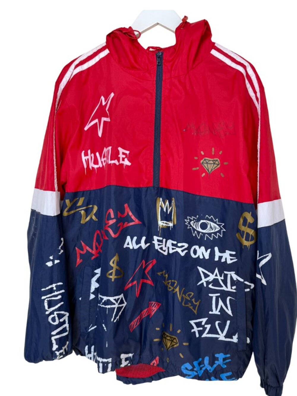 Graffiti Art Windbreaker Jacket Mens Large Streetwear Hooded Colorblock